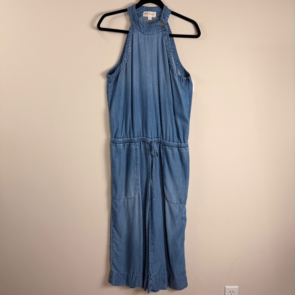 Cloth & Stone Womens Blue Chambray Halter Wide Leg Cropped Jumpsuit Small S